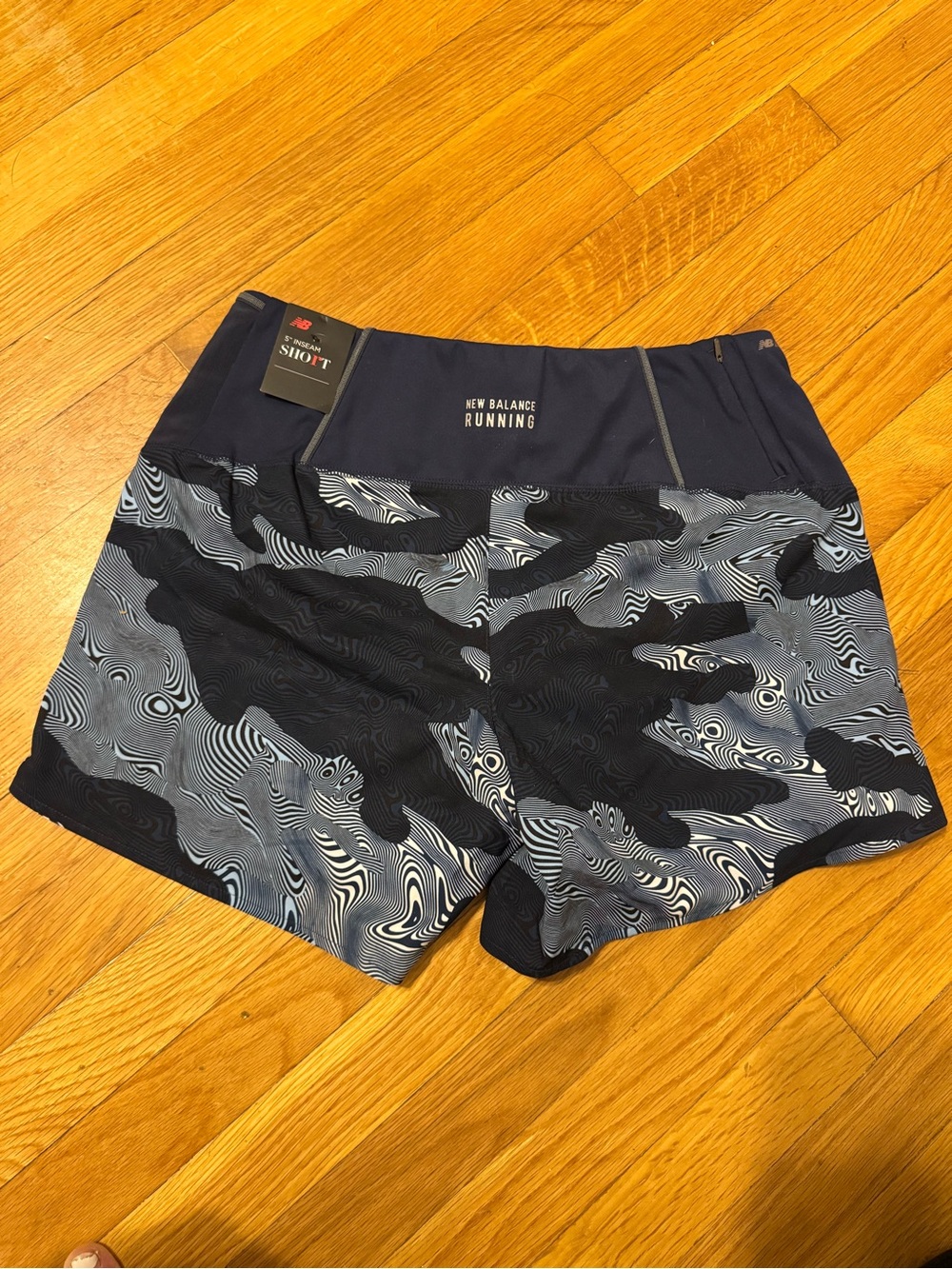 New Balance Women’s Navy and Light Blue Swirl Athletic Shorts - Picture 2 of 5